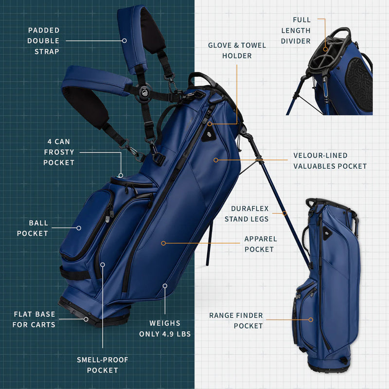 Load image into Gallery viewer, Sunday Golf Ryder Golf Stand Bag Navy Vegan Leather (Bag Height 35&quot;)
