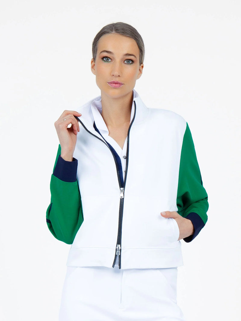 Load image into Gallery viewer, InPhorm Sofia Dolman Knit Golf Jacket White/Ivy Womens
