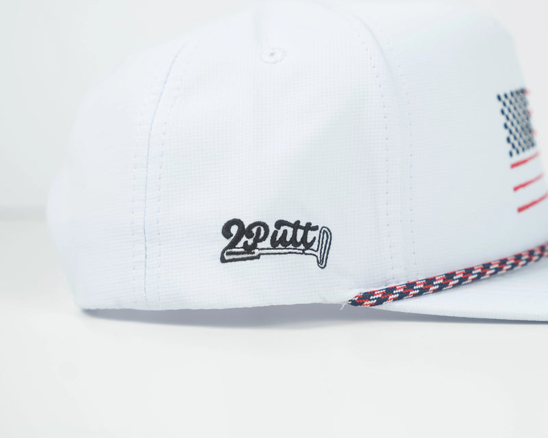 Load image into Gallery viewer, American Golf Flag Rope Hat White Logo detail
