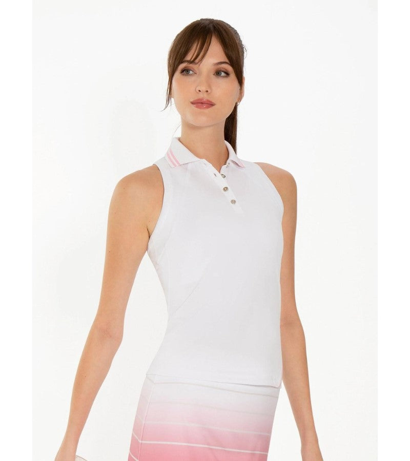 Load image into Gallery viewer, Inphorm Plumeria Sleeveless Polo White
