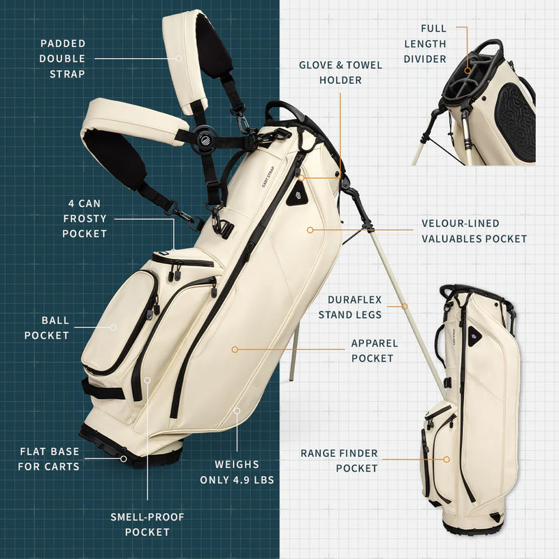 Load image into Gallery viewer, Sunday Golf Ryder Stand Bag Cream Vegan Leather Features
