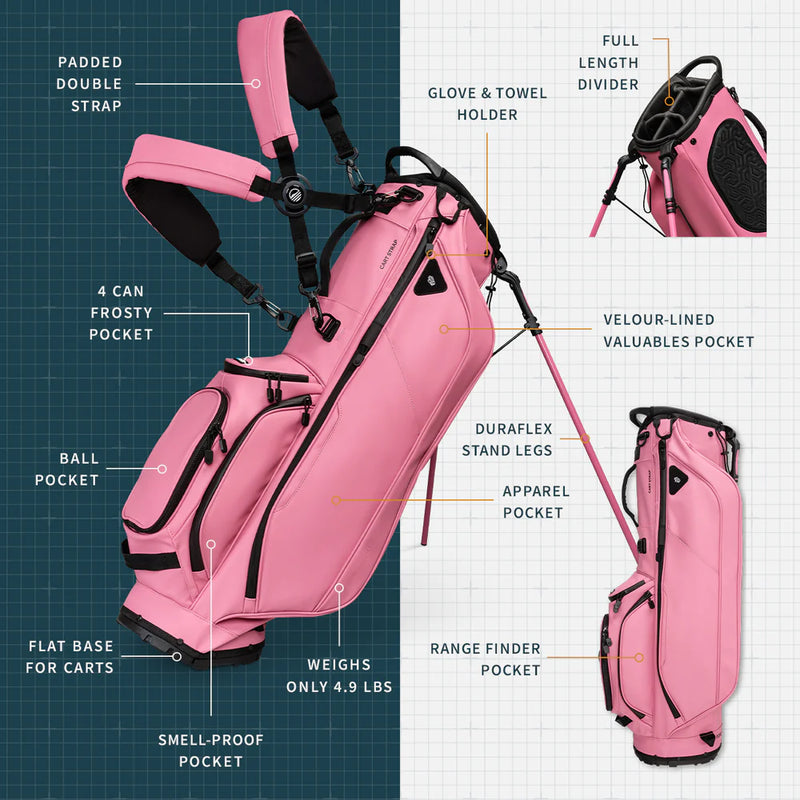 Load image into Gallery viewer, Sunday Golf Ryder Stand Bag Dusty Pink Leather Features
